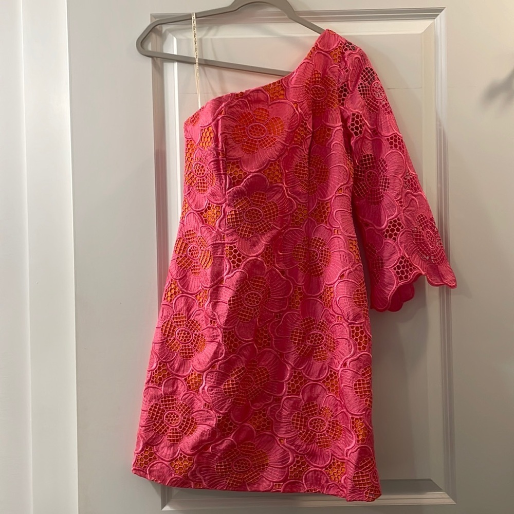 Lilly Pulitzer Pink Orange Lace Floral One Shoulder Dress Size 0